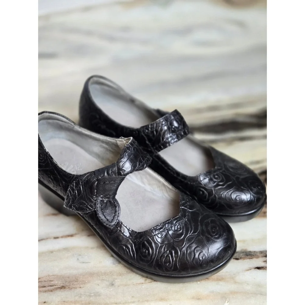 Alegria ELL-541 Black Leather Floral Embossed Mary Jane Wedge Shoes Womens 38